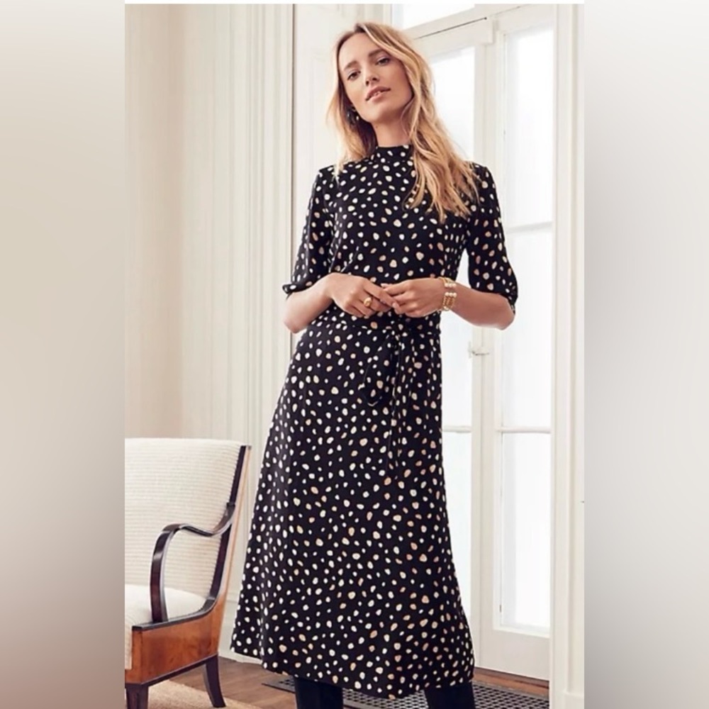 Ann Taylor Women’s Spotted Mock Neck Midi Dress black short sleeve size 4 - Picture 4 of 4